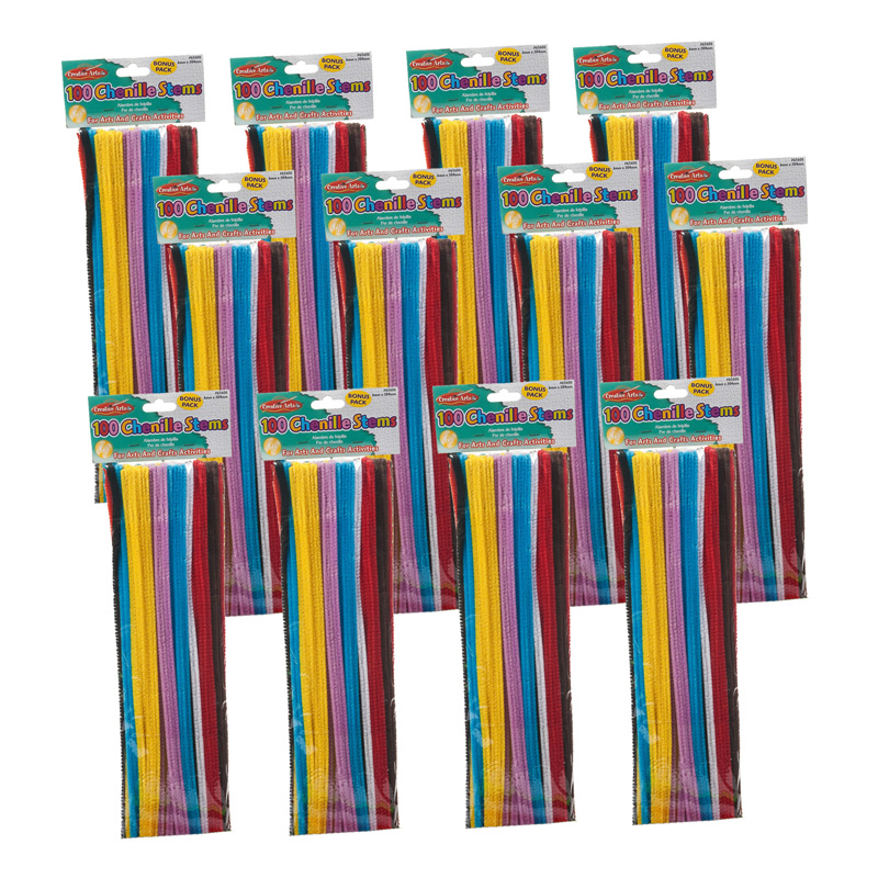 The Teachers' Lounge®  Chenille Stems, Jumbo Fluffy Thick Stem, 6mm x 12,  Assorted Colors, 100 Per Pack, 12 Packs