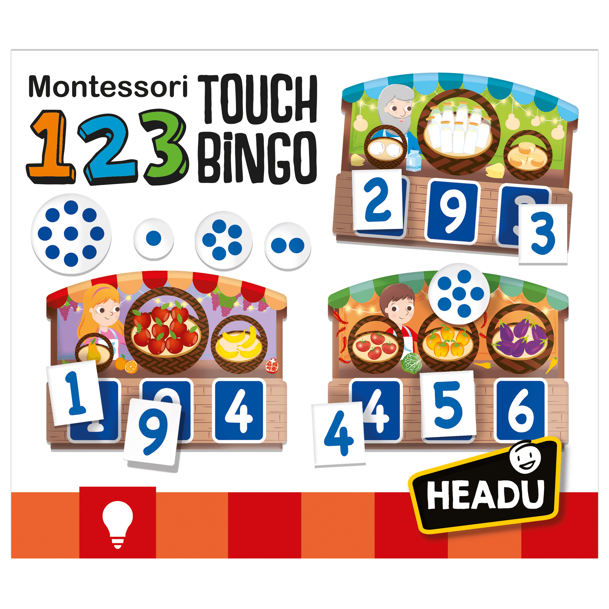 Headu 1041750-123 Montessori Touch Bingo, Juego Educativo Infantil-  Aprender Números y Cantidades