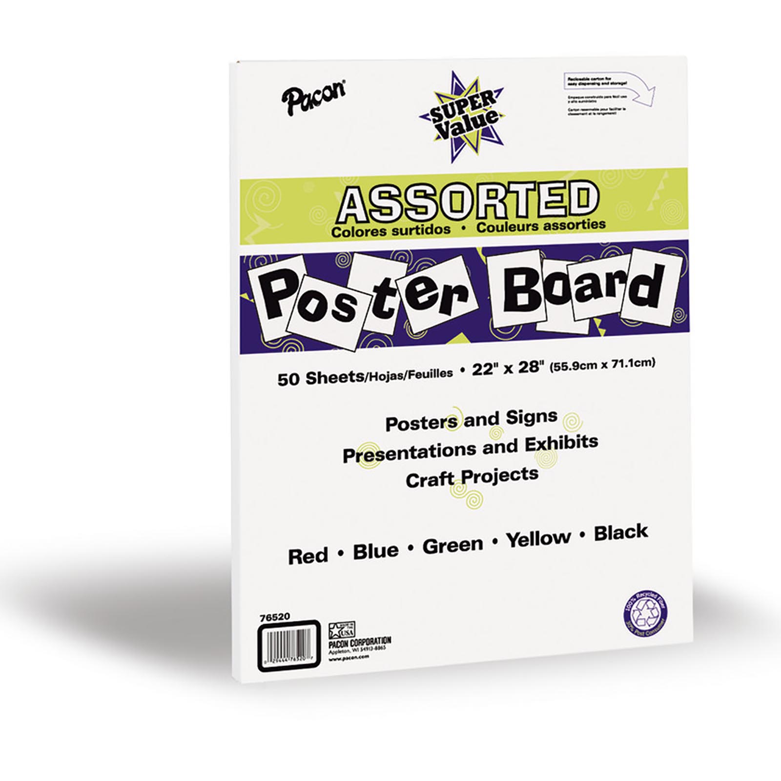 Pacon Super Value Poster Board, 22 x 28, Assorted Colors, 50